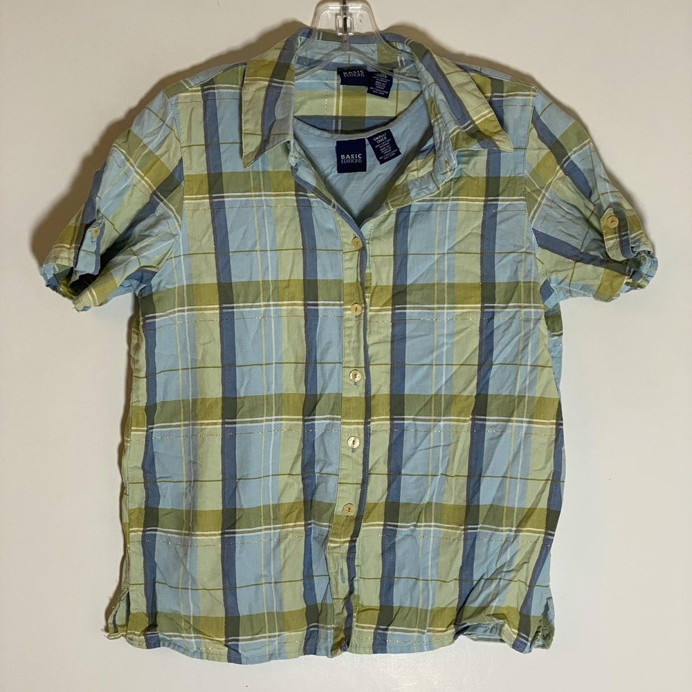 Basic Editions Top Womens Small Blue Green Plaid Short Sleeve Button Up 2 Pc
